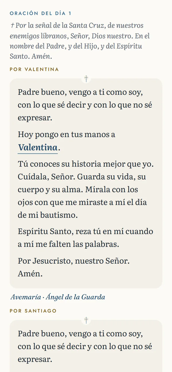 Lector en el celular: oración del día 1 con un nombre de ejemplo